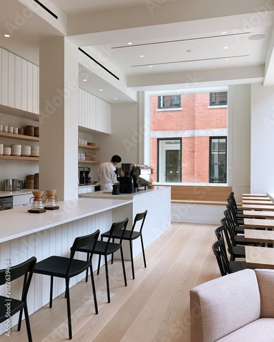 Minimalist modern cafe interior featuring a barista preparing coffee at a sleek counter with wooden accents and large windows overlooking a brick building