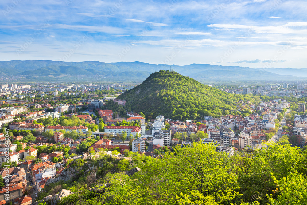 Fototapeta premium Plovdiv city centre aerial panoramic view in Bulgaria
