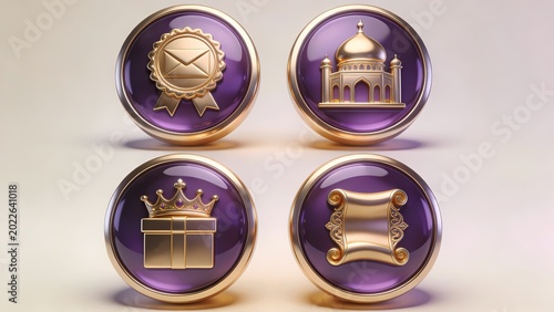 Four gold icons on purple background