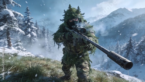 Soldier in camouflage gear holds rifle on snowy mountain terrain