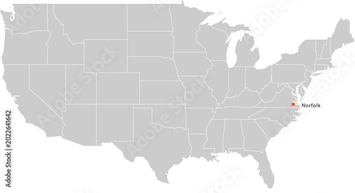 Norfolk City Location Pin on United States Map Silhouette