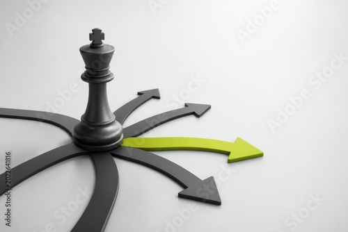 Black chess piece on branching arrows with green direction arrow symbolizing strategy choice and business decision making
