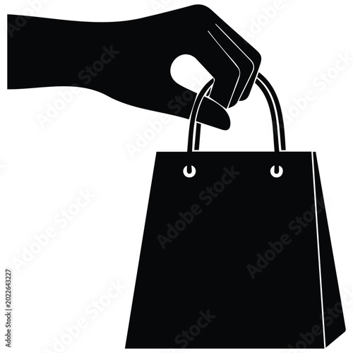 Human hand holding shopping bag in silhouette illustration vector line art drawing.