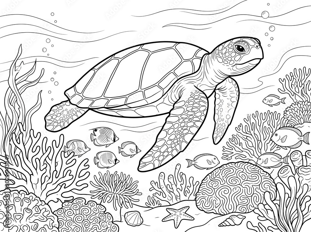 Fototapeta premium Underwater scene with sea turtle and coral reef