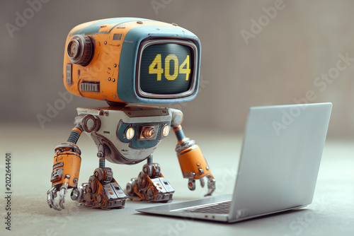 Petit robot autonome affichant une erreur 404 (page web non trouvée) sur son écran, face à un ordinateur portable.