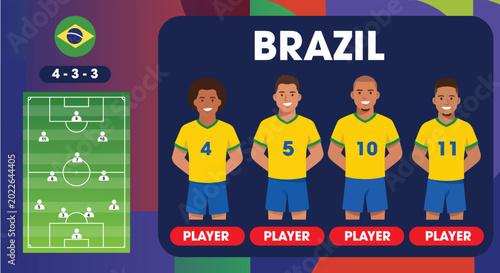 Φωτογραφία National football team brazil players flat cartoon illustration with lineup infographic on field vector graphics design