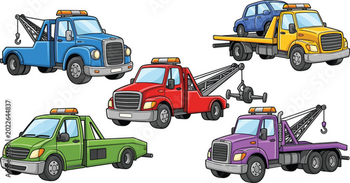 Foto Colorful Tow Truck Vector Set with Flatbed and Wrecker Service Vehicles for Road