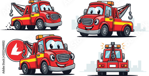 Foto Cute Cartoon Red Tow Truck Vector Character Set with Friendly Smiling Face Expre