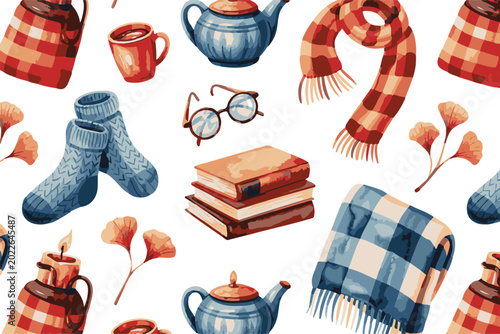Photos Seamless autumn pattern with cozy hygge elements including warm blue socks vintage books ceramic teapot and yellow ginkgo leaves
