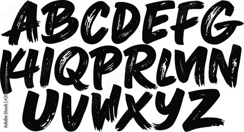 Handwritten brush font alphabet A-Z with textured dry stroke style on white.