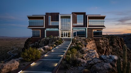 Modern Corporate Architecture Over Desert Landscape Sunset View