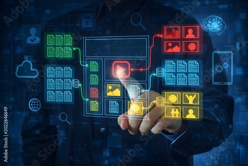 CMS content management system. Web content management platform. Businessperson tapping a digital content icon.