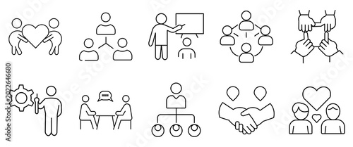 Teamwork icons set showing collaboration partnership communication leadership and strategy isolated on transparent background