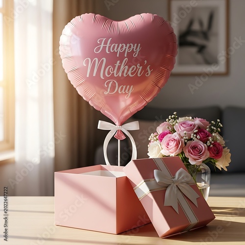 Pink heart balloon, open gift box, and rose bouquet for Mother's Day