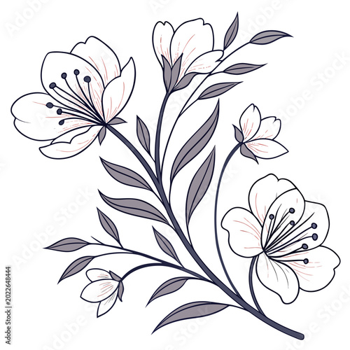 Simple line art cherry blossom branch with flowers