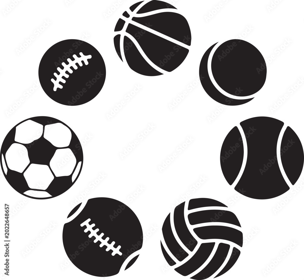 Fototapeta premium Collection of various sports balls arranged in a circular pattern on a solid white background