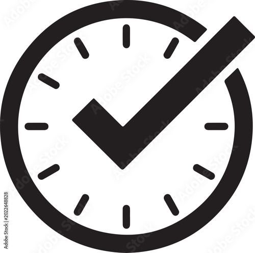 Black clock face with a prominent check mark symbol for time management and task completion