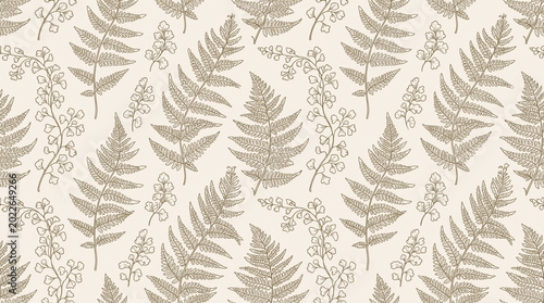 Schilderij op canvas Floral Ink Drawing Botanical Hand Drawn Background Detailed Antique Warm Tone Cr