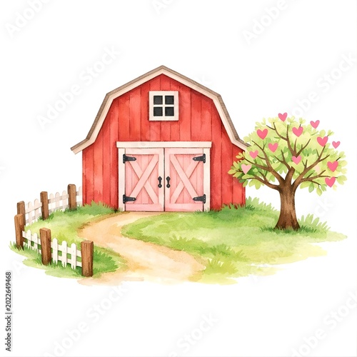 Watercolor red barn with tree blooming with hearts country life illustration 