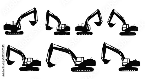 Vector illustration of set of excavator silhouettes in different positions on a transparent background