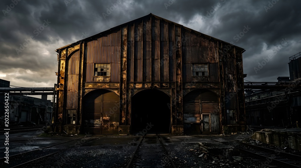 Obraz premium Abandoned Industrial Warehouse Under Moody Overcast Sky