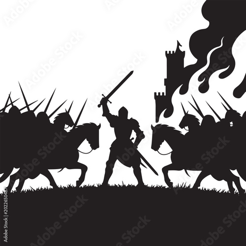 Bild auf Leinwand Silhouette of lone knight commander rallying troops during medieval siege battle near castle