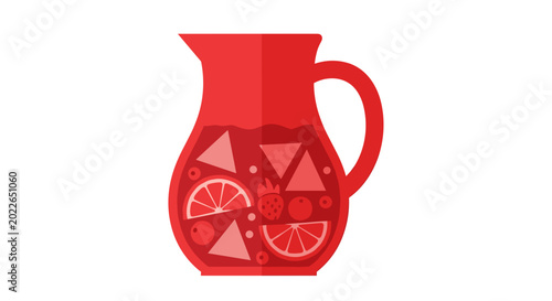 Illustration of a red sangria pitcher filled with sliced fruit and berries on a white background