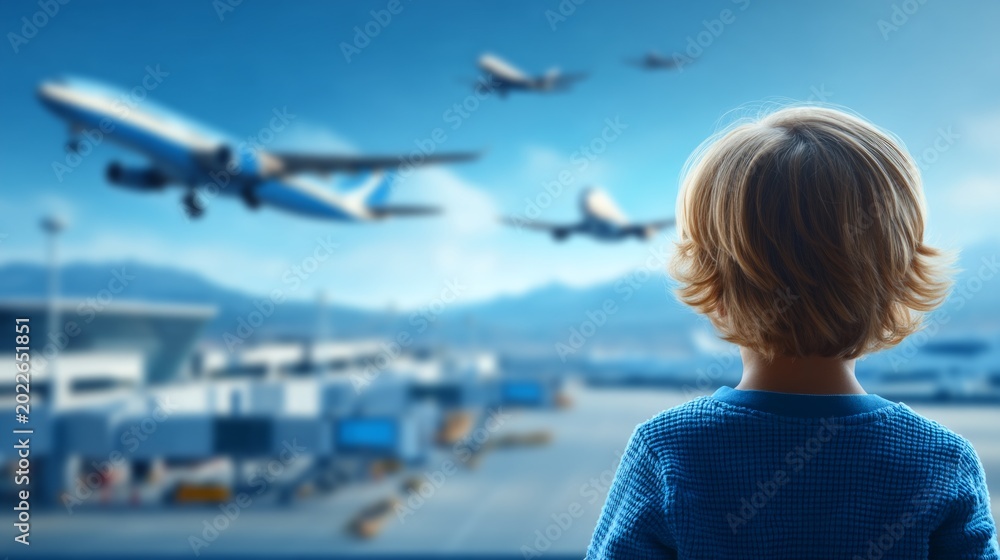 Fototapeta premium Young Child at Airport Observation Deck Watching Airplanes Departing