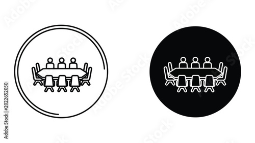 Meeting illustration with people sitting around table in contrasting backgrounds