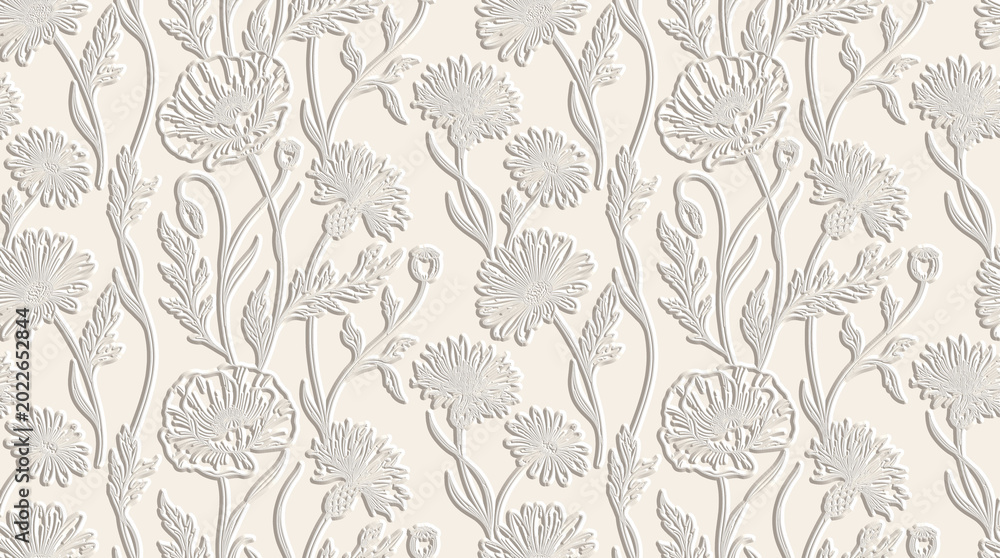 Fototapeta premium Embossed Botanical Texture Relief Background Soft Monochrome Clean Smooth White Wall Texture Decorative Panel Interior Design Organic Nature Inspired Artistic