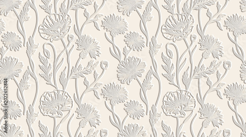 Fotografie Embossed Botanical Texture Relief Background Soft Monochrome Clean Smooth White