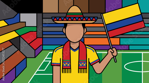 Tableau sur toile Colombian football fan with sombrero and flag in a colorful stadium