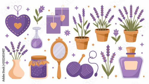 Fotografie lavender themed collection with plants bottles and decorative hearts in a hand d