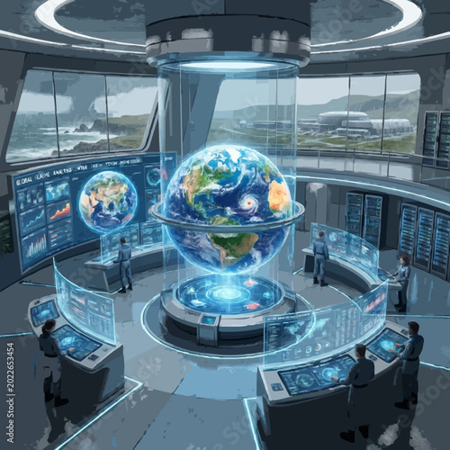 Advanced Command Center Monitoring Global Data and Earth Systems with Real-time Analysis and Strategic Oversight