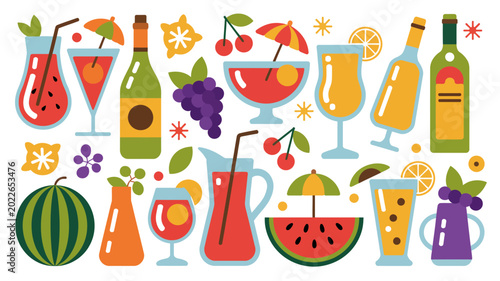 Colorful summer drinks and fruit illustration with bottles glasses and watermelon on white
