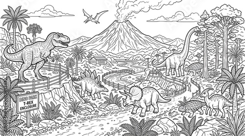 Prehistoric dinosaur park with t-rex, brachiosaurus, triceratops, and stegosaurus near a smoking volcano, coloring page