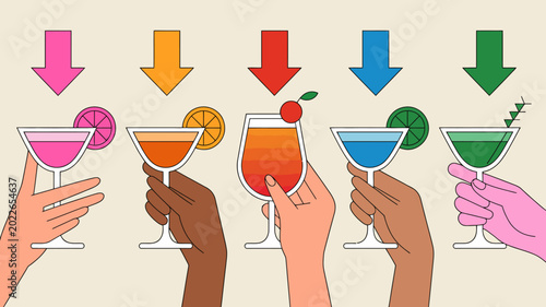 Fotografi five hands holding colorful cocktails with fruit garnishes stylized illustration