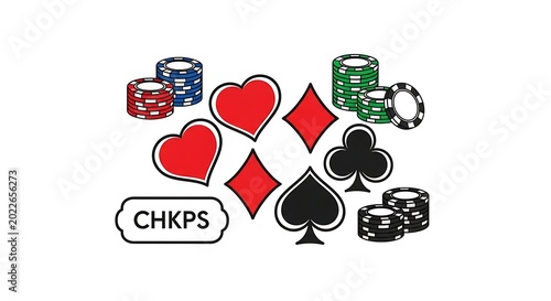 Poker chips and playing card suits on a white background