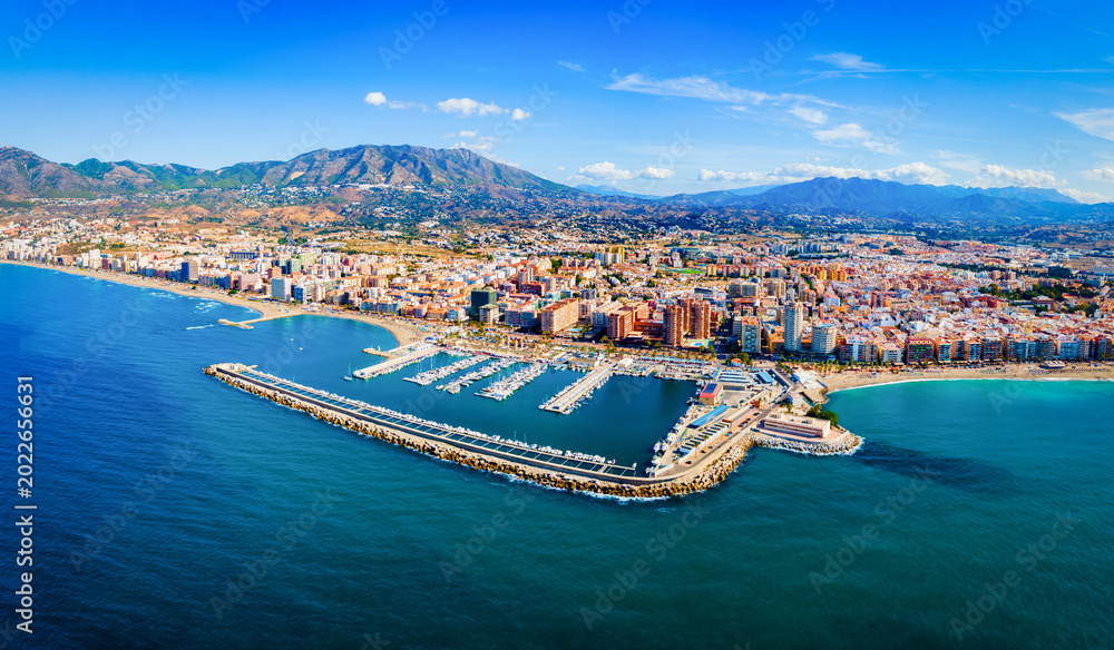 Fototapeta premium Fuengirola city beach and port aerial panoramic view