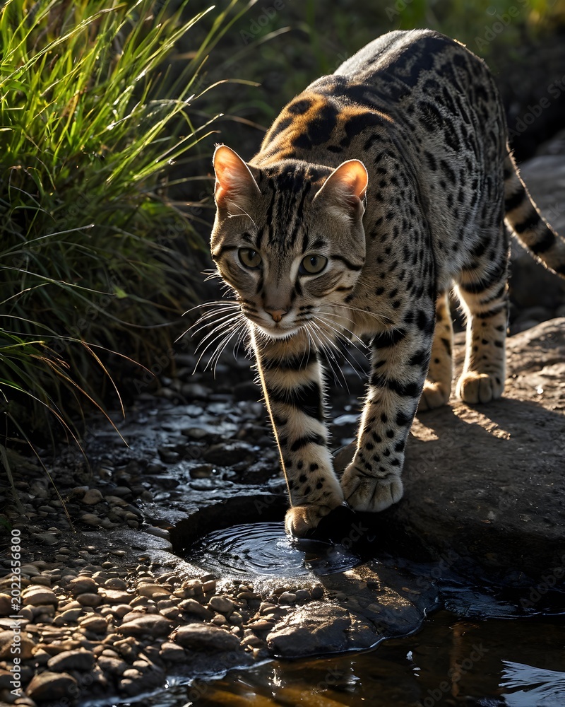 Obraz premium A marbled cat fantasy animal, fictional species walking along a river