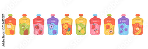 Colorful fruit puree pouches. Organic baby food, healthy snacks. Perfect for packaging design, branding, posters, educational materials related to natural food and childcare. Flat vector illustration