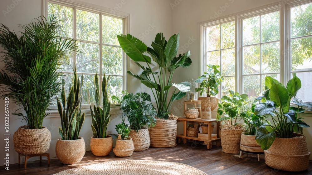 Fototapeta premium Lush indoor jungle with a variety of potted houseplants bathed in natural sunlight from large windows
