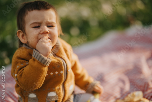 Fotografie A toddler eats a snack while sitting on a picnic blanket in a grassy park