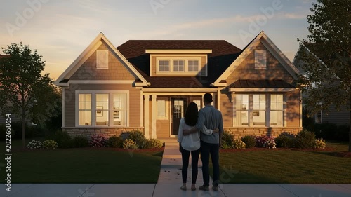 Happy couple standing in front of their new suburban home at sunset