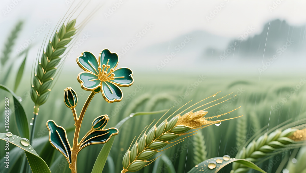 Fototapeta premium Oriental Enamel Style Xiaoman Wheat Field and Herbs