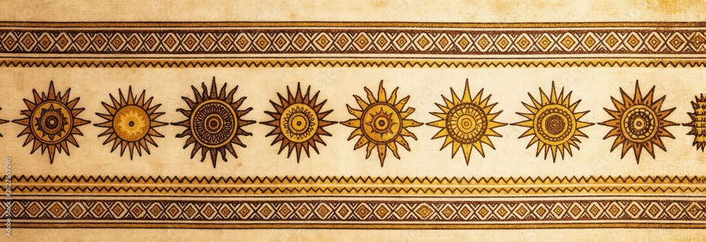 Fototapeta premium Golden suns in row on striped fabric background. Warm yellow and brown ethnic ornament detail. Textured textile pattern with ancient sun symbols. Simple sun motifs repeat across fabric.
