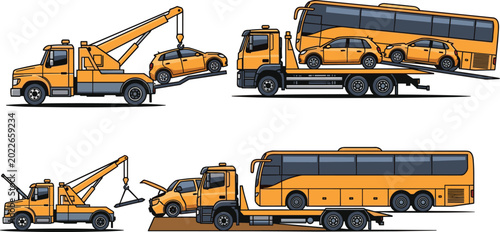 Fotografie Heavy Tow Truck Service Vector Set with Flatbed Semi Trailer Carrying Bus, Crane