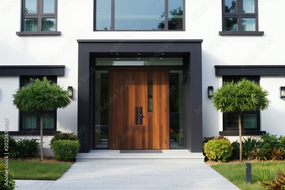Fototapeta premium Modern wooden front door on white contemporary house exterior. Stylish entrance with black accent framing, glass windows, neat landscaping. Luxury home facade, private residence entry, comfortable