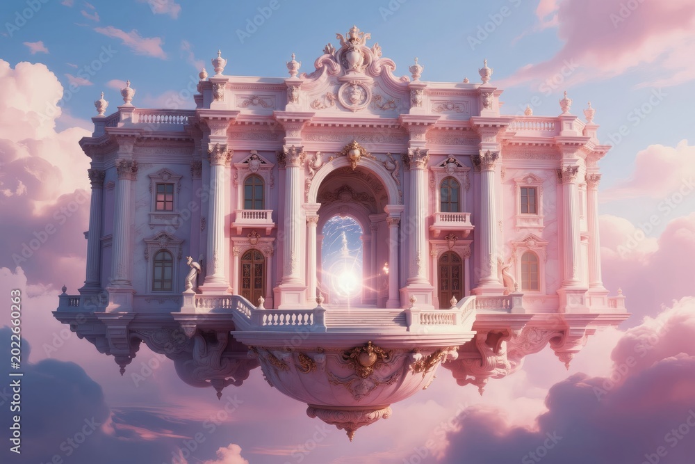 Obraz premium Pink marble palace floats high in sky among soft clouds. Elegant architecture with ornate details and grand archway. A majestic, dreamy fantasy castle.