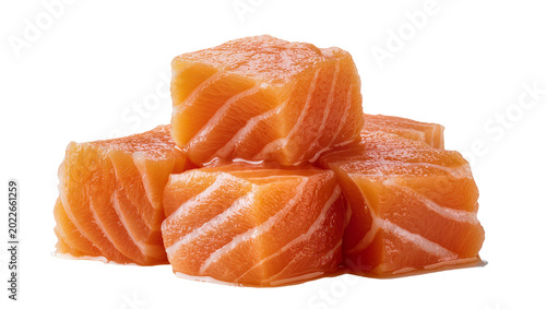 Obraz na płótnie Fresh raw salmon cubes with white fat lines, isolated on transparent background